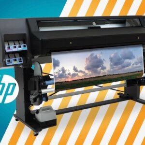 A large printer with an image of clouds on it.