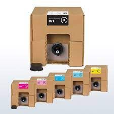 A cardboard box with six different ink cartridges.