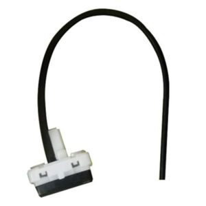 A black and white picture of a cable with two wires.