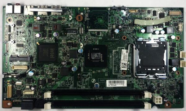 A computer motherboard with many different parts.